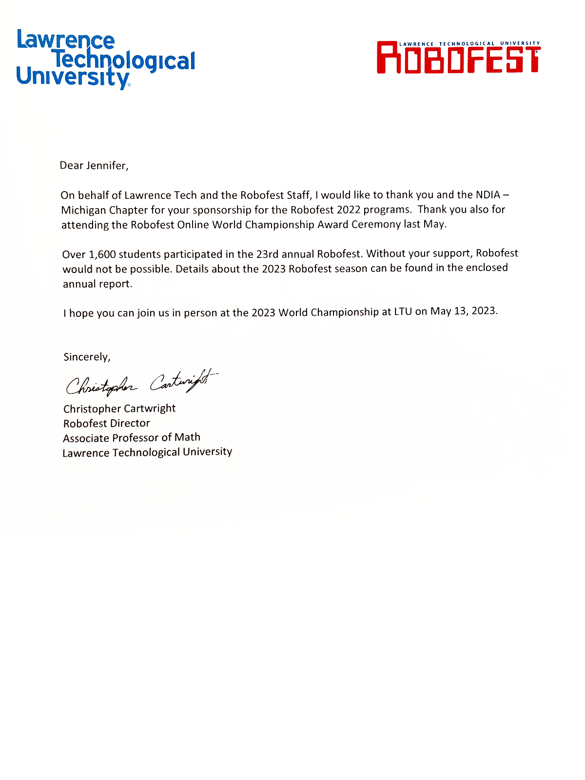 Robofest Sponsorship Letter